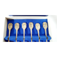 6 Verzilverde theelepels met wapens van 5 provincies en 1 van Nederland, in originele doos